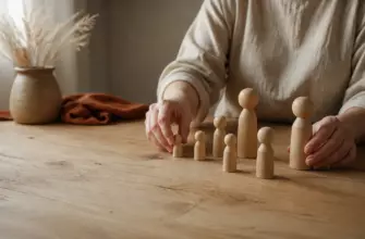 женские руки расставляют деревянные фигурки-заместители на столе, настольная семейная расстановка