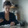 Женщина утром считает чеки за кухонным столом: деньги не задерживаются