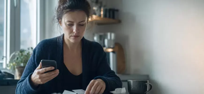 Женщина утром считает чеки за кухонным столом: деньги не задерживаются