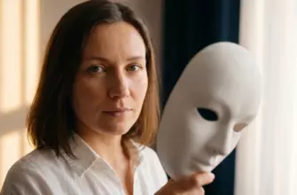 5 травм по Лиз Бурбо: женщина отводит от лица маску, за маской настоящее лицо